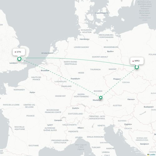 Mapa de vuelo directo Wrocław - Londres