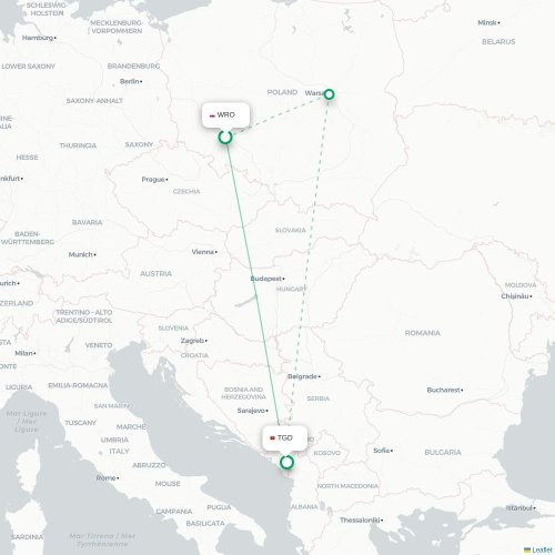 Mapa lotu bezpośredniego Wrocław – Podgorica