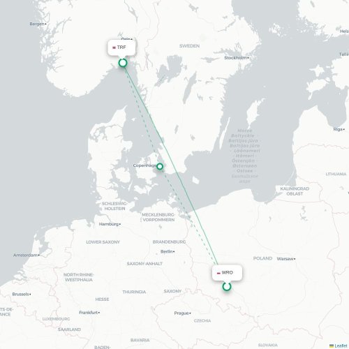 Mapa de vuelo directo Wrocław - Oslo