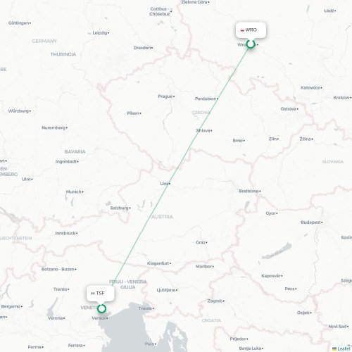 Mapa lotu bezpośredniego Wrocław – Wenecja