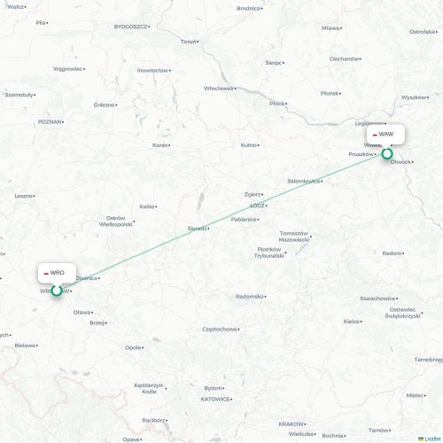 Mapa de vuelo directo Wrocław - Varsovia