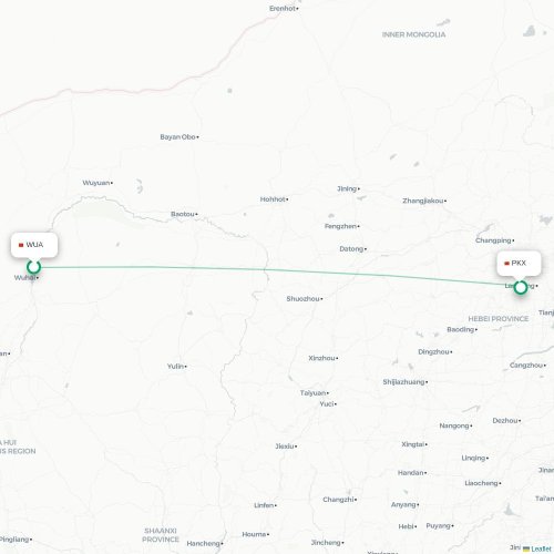 Mapa lotu bezpośredniego Wuhai – Pekin