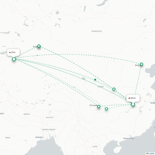 Mapa lotu bezpośredniego Wuhan – Aksu