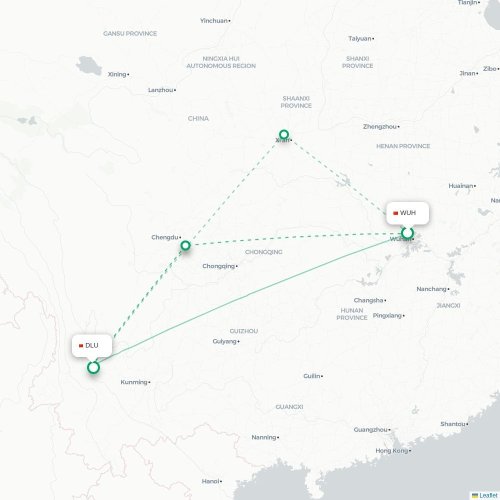 Mapa lotu bezpośredniego Wuhan – Dali
