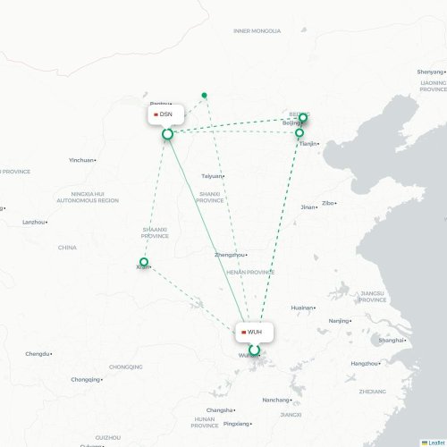 Mapa lotu bezpośredniego Wuhan – Ordos City