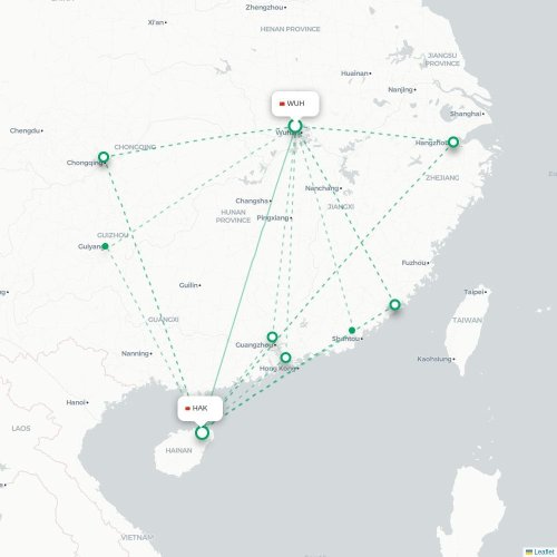Mapa lotu bezpośredniego Wuhan – Haikou