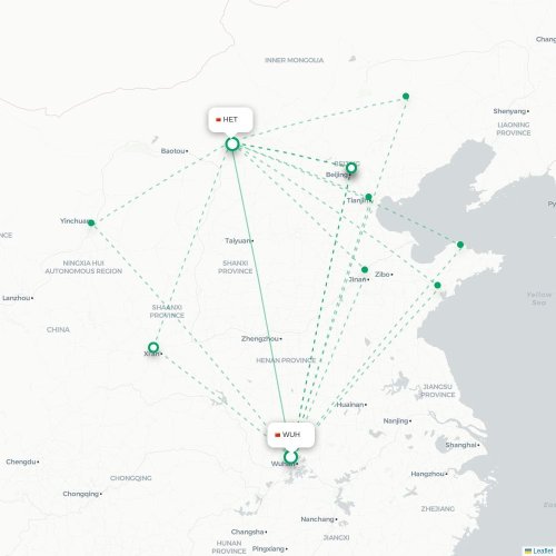 Mapa de vuelo directo Wuhan - Hohhot