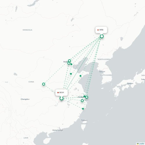 Mapa lotu bezpośredniego Wuhan – Harbin