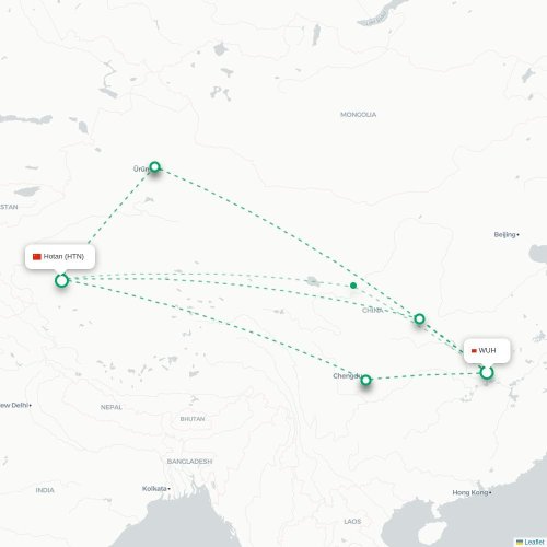 Mapa lotu bezpośredniego Wuhan – Hoten