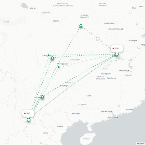 Mapa lotu bezpośredniego Wuhan – Xishuangbanna