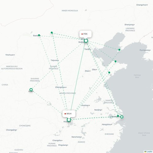 Mapa lotu bezpośredniego Wuhan – Pekin