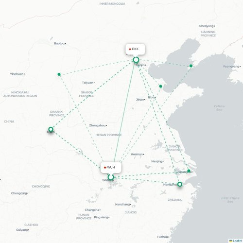 Mapa lotu bezpośredniego Wuhan – Pekin