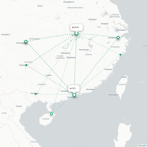 Mapa lotu bezpośredniego Wuhan – Shenzhen
