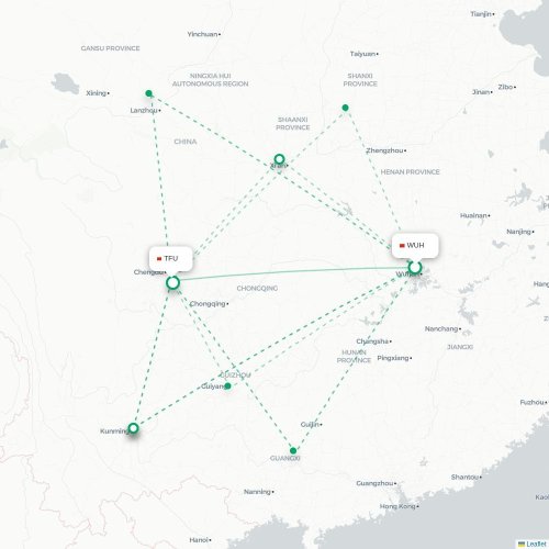Mapa lotu bezpośredniego Wuhan – Chengdu