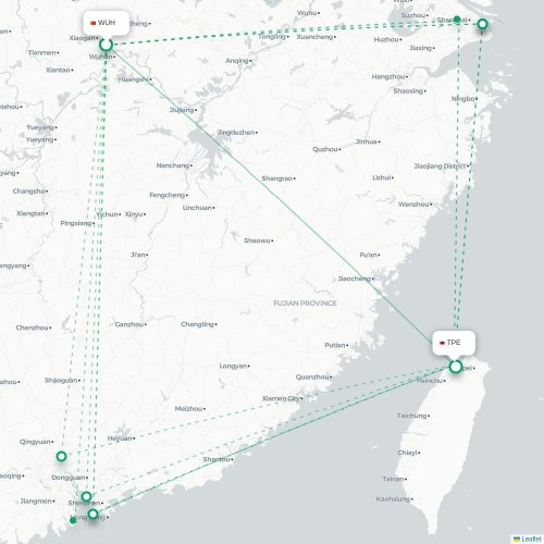 Mapa lotu bezpośredniego Wuhan – Tajpej