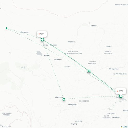 Mapa lotu bezpośredniego Wuhan – Zhangye