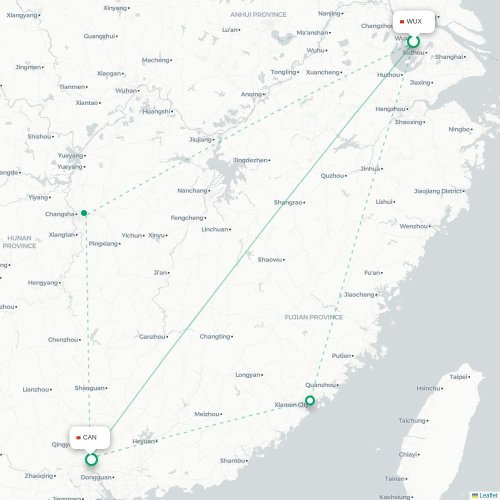 Mapa lotu bezpośredniego Wuxi – Kanton
