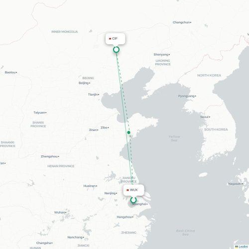 Mapa lotu bezpośredniego Wuxi – Chifeng