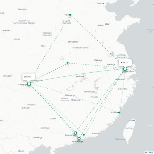 Mapa lotu bezpośredniego Wuxi – Chongqing