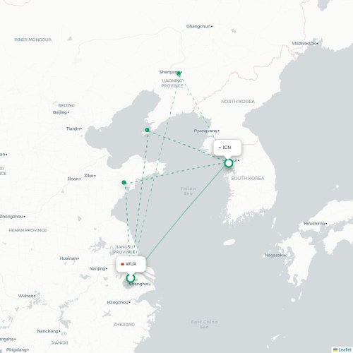 Mapa lotu bezpośredniego Wuxi – Inczhon
