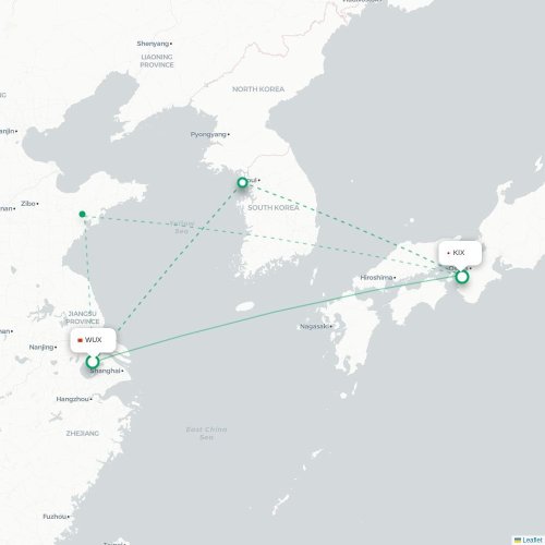 Wuxi - Osaka kort over direkte fly
