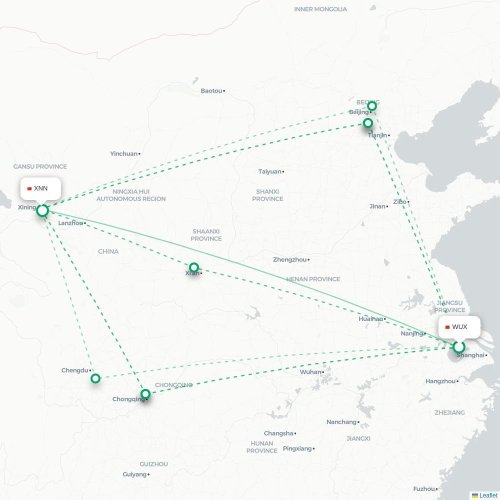 Mapa lotu bezpośredniego Wuxi – Xining
