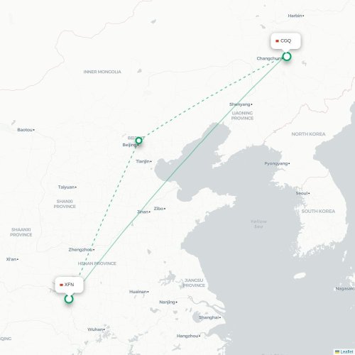 Mapa lotu bezpośredniego Xiangyang – Changchun