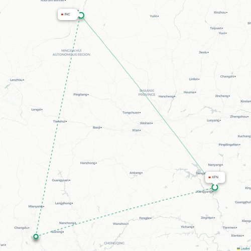 Mapa lotu bezpośredniego Xiangyang – Yinchuan