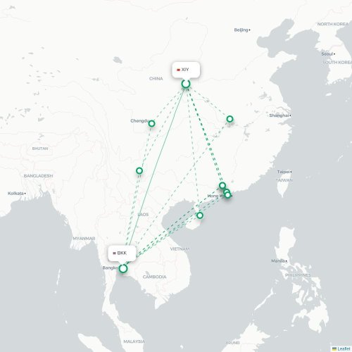 Mapa lotu bezpośredniego Xi'an – Bangkok