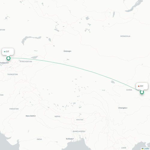 Mapa de vuelo directo Xi'an - Shymkent