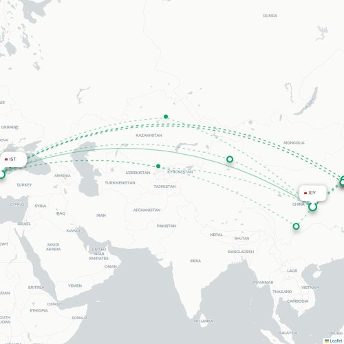 Mapa lotu bezpośredniego Xi'an – Stambuł