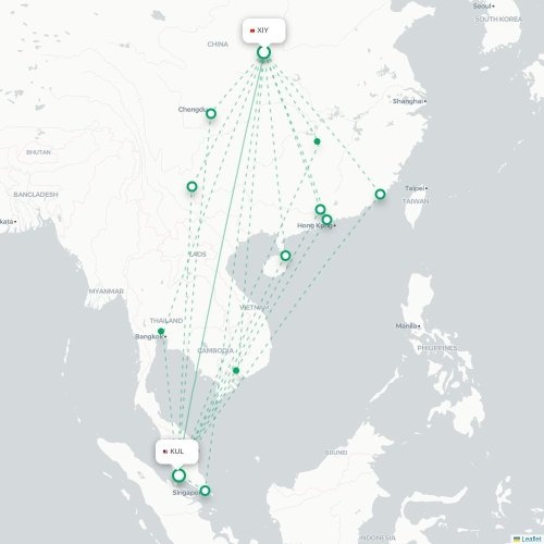 Mapa lotu bezpośredniego Xi'an – Kuala Lumpur