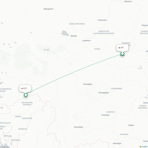 Mapa lotu bezpośredniego Xi'an – Nyingchi