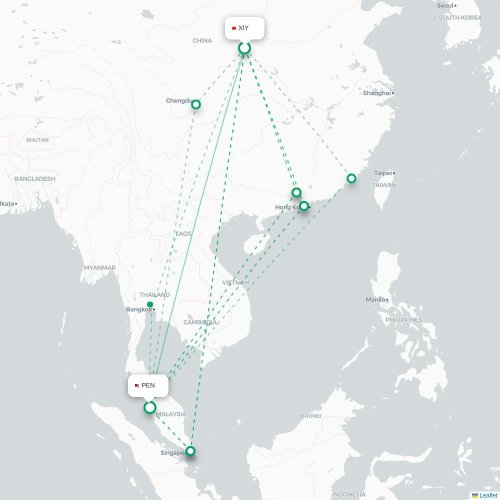 Mapa lotu bezpośredniego Xi'an – Penang