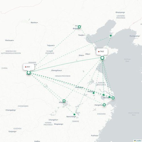Mapa lotu bezpośredniego Xi'an – Qingdao