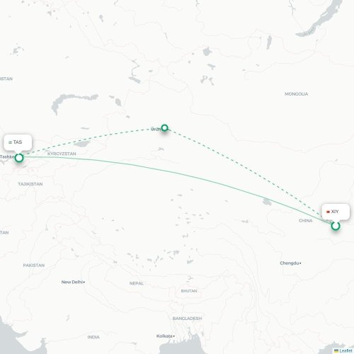 Mapa lotu bezpośredniego Xi'an – Taszkent