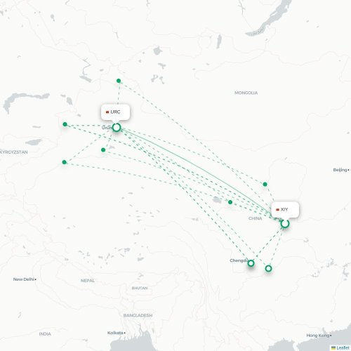 Mapa lotu bezpośredniego Xi'an – Urumczi