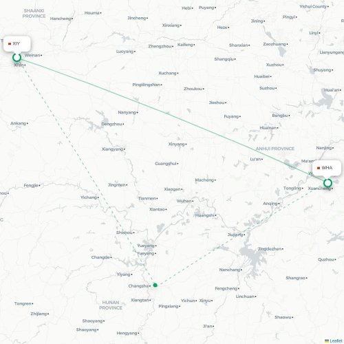 Mapa lotu bezpośredniego Xi'an – Wuhu