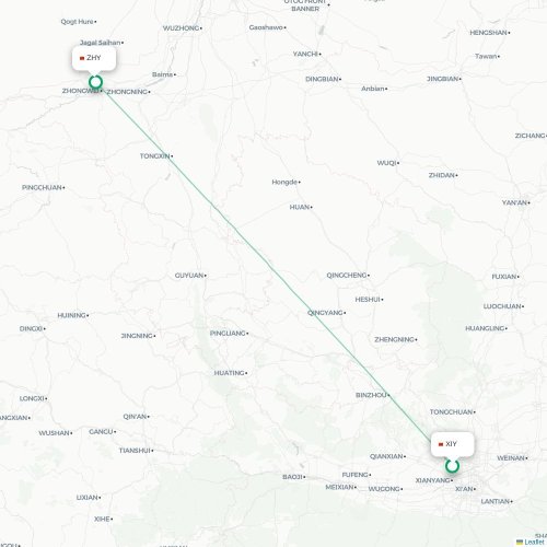 Mapa lotu bezpośredniego Xi'an – Zhongwei