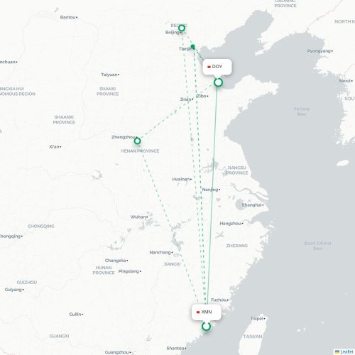 Mapa lotu bezpośredniego Xiamen – Dongying
