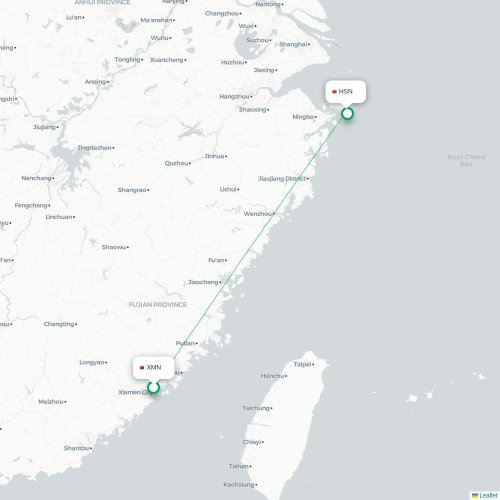 Mapa lotu bezpośredniego Xiamen – Zhoushan