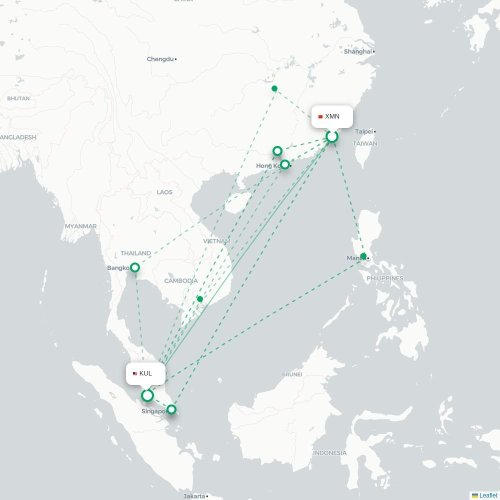 Mapa lotu bezpośredniego Xiamen – Kuala Lumpur