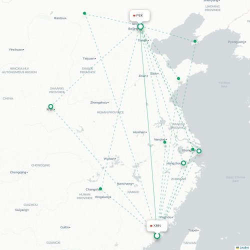 Mapa lotu bezpośredniego Xiamen – Pekin