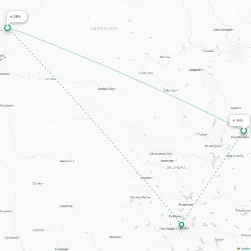 Mapa de vuelo directo Fayetteville - Denver
