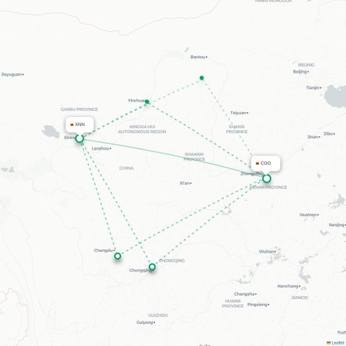Mapa lotu bezpośredniego Xining – Czengczou