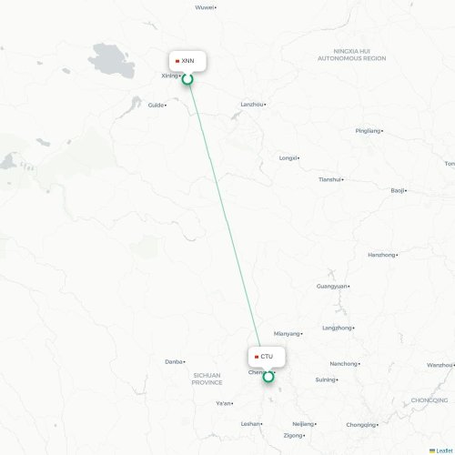 Mapa lotu bezpośredniego Xining – Chengdu