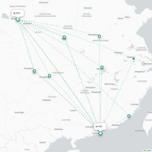 Mapa lotu bezpośredniego Xining – Hongkong