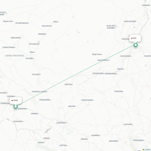 Mapa de vuelo directo Xining - Yinchuan