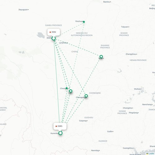 Mapa lotu bezpośredniego Xining – Kunming