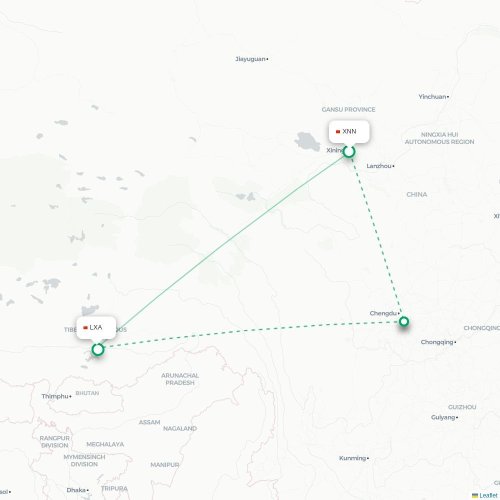 Mapa lotu bezpośredniego Xining – Lhasa